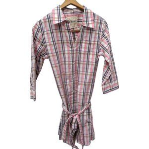 Vintage Y2K Izod 100% Cotton Pink Preppy Plaid Button Down Belted Shirt Dress S